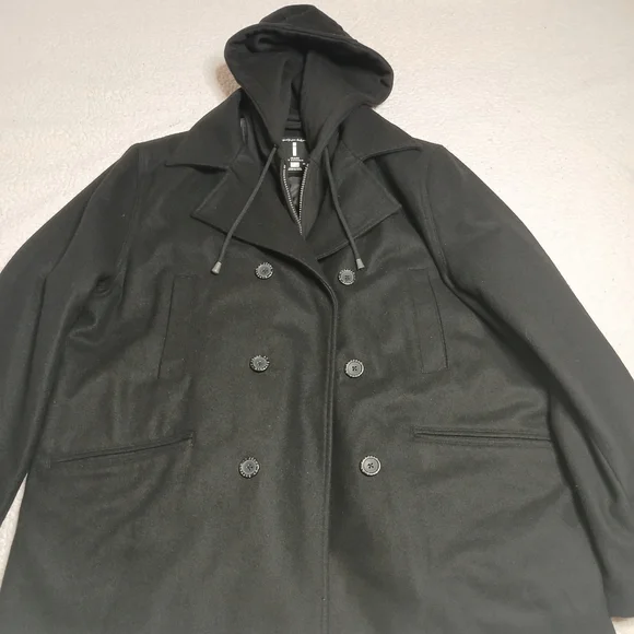 Black Wool Peacoat Hooded Coat XXL Double Breasted